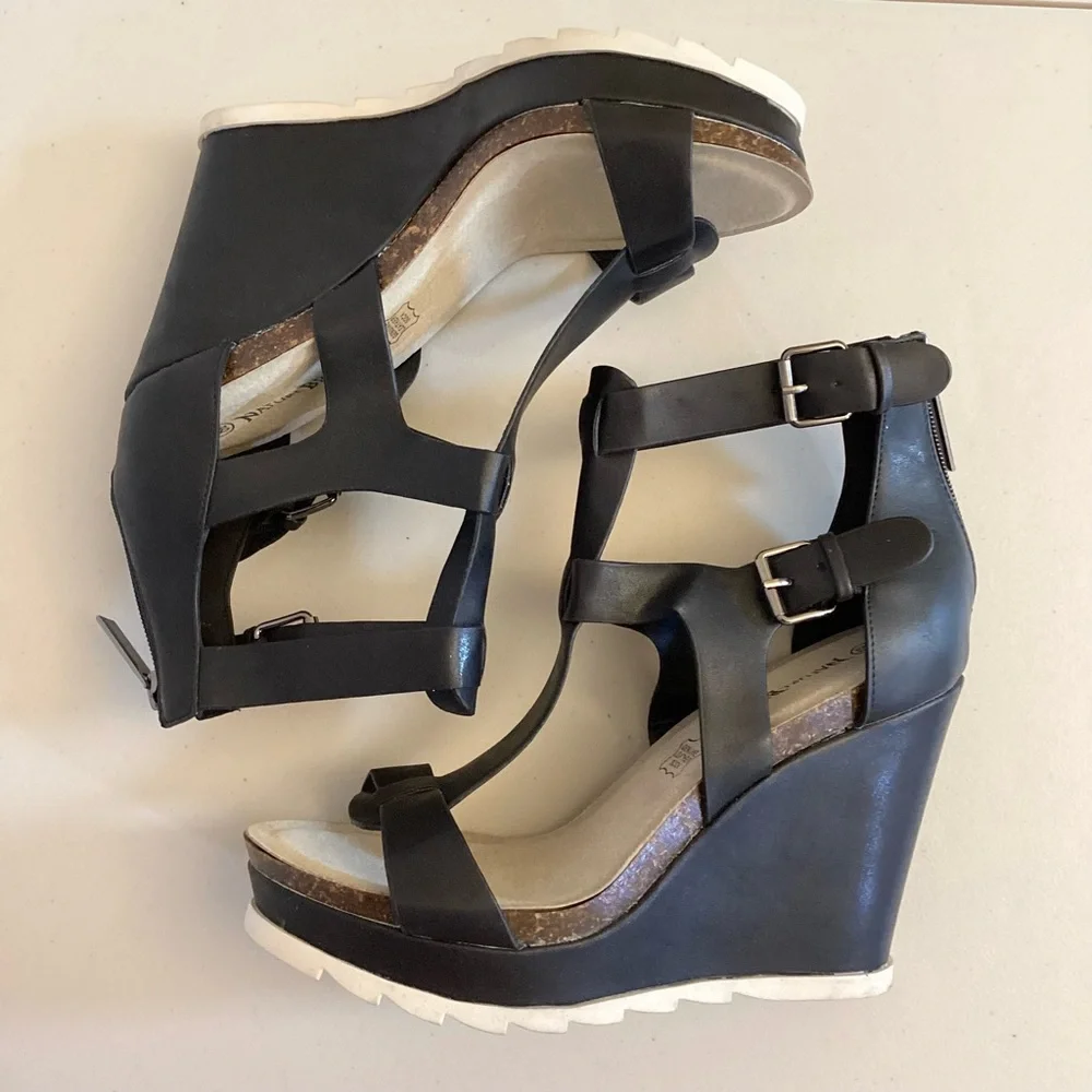 Nature Breeze 8.5 Gladiator Black Wedge Leather Sandals Women’s Cork Shoes